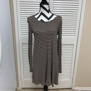 Anthropologie Striped Taupe And Black A-Line Long Sleeve Dress Small